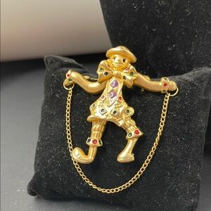 2.4.26-6 Vintage Articulating Clown Matte Goldtone Brooch with Color Cabochons